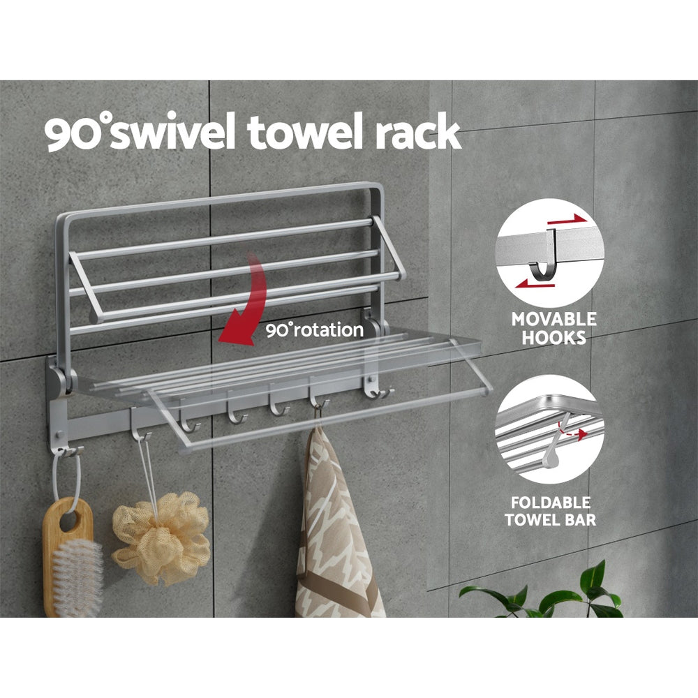 Foldable 4-Bar Towel Rail Rack, 5 Hooks, Wall-Mounted, Aluminium, by [Brand]