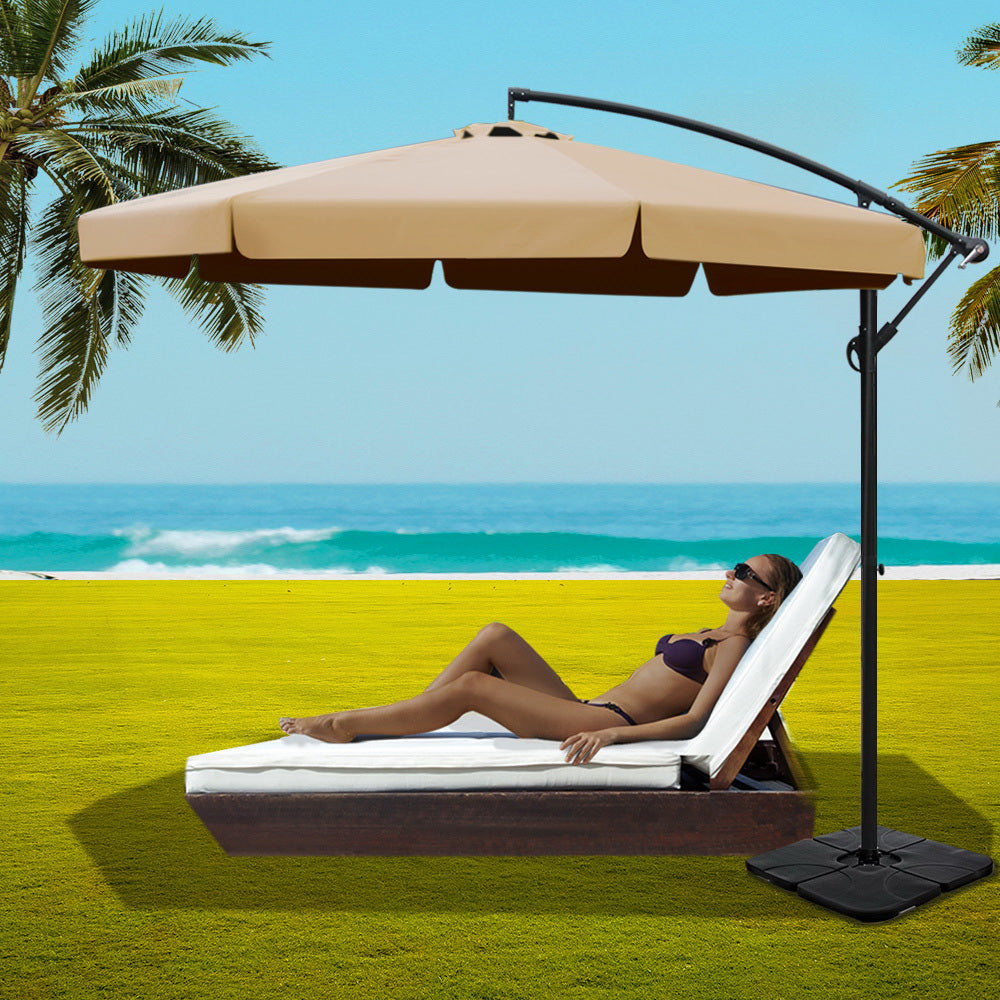 Instahut 3m Outdoor Umbrella w/Base Cantilever Garden Beach Patio Beige