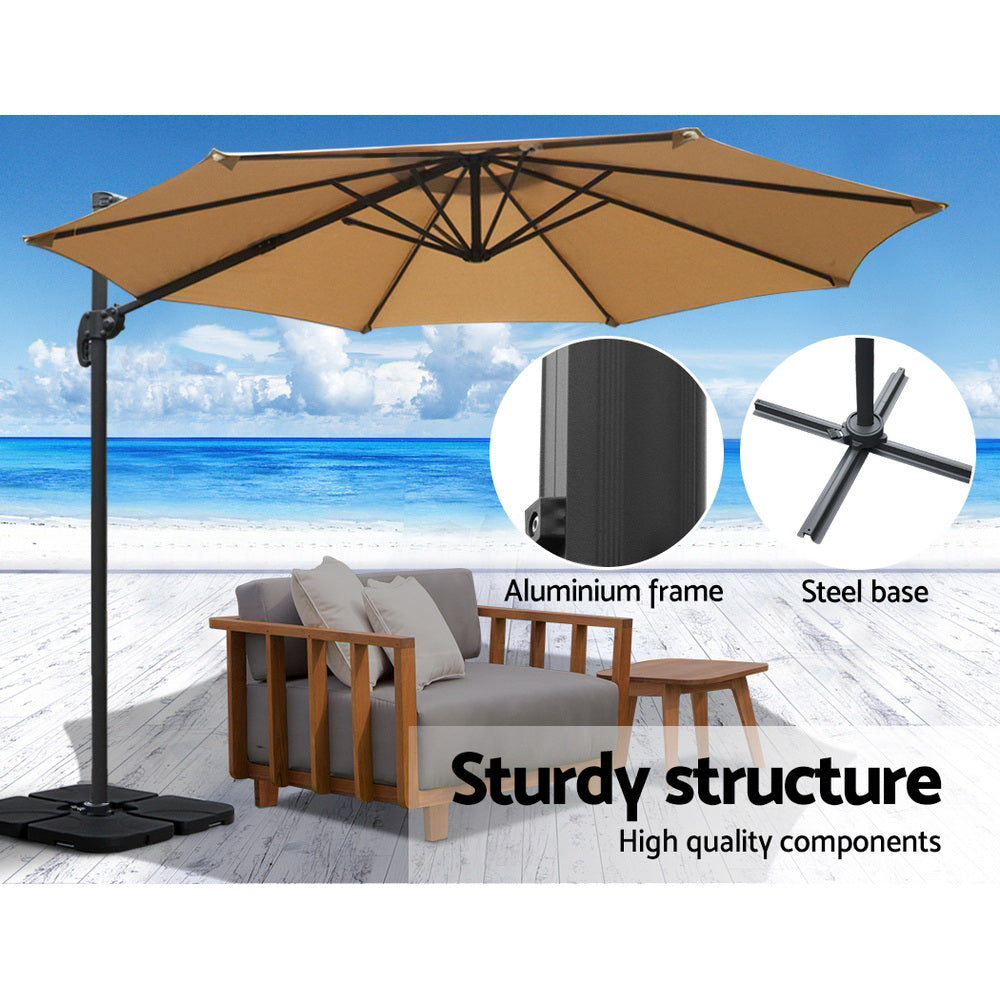 Instahut 3m Outdoor Umbrella w/Base Cantilever Beach Roma 360 Degree Tilt Beige