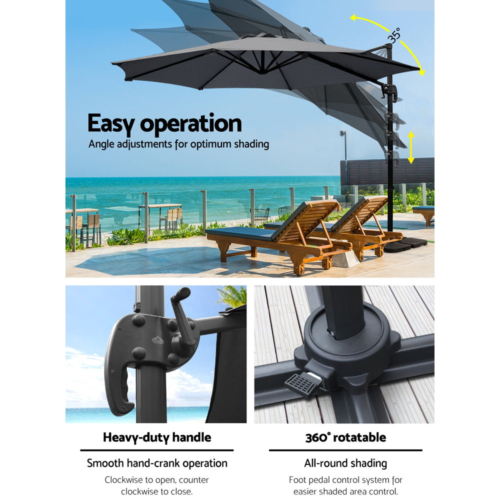 Instahut 3m Outdoor Umbrella w/Base Cantilever Beach Roma 360 Degree Tilt Charcoal