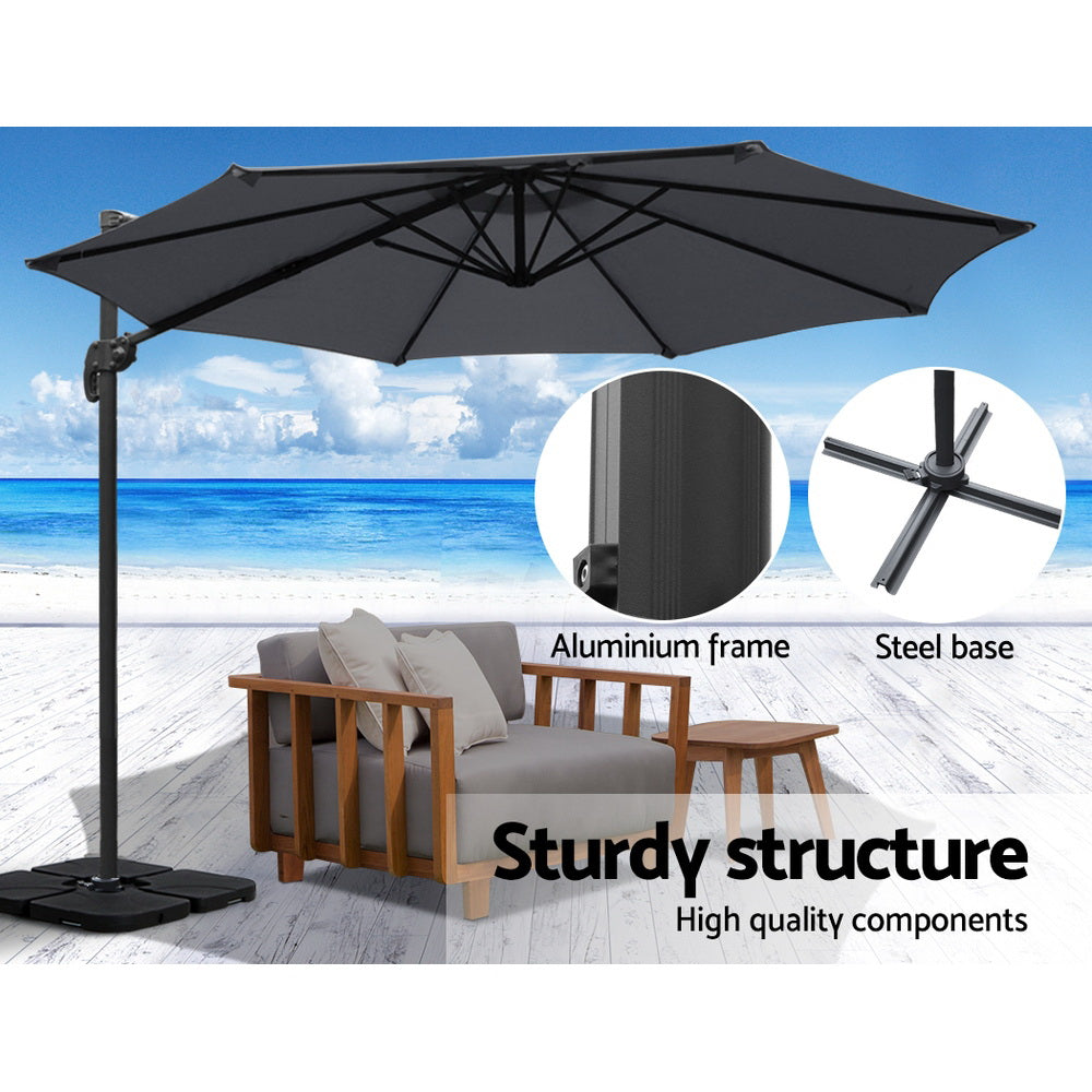 Instahut 3m Outdoor Umbrella w/Base Cantilever Beach Roma 360 Degree Tilt Charcoal