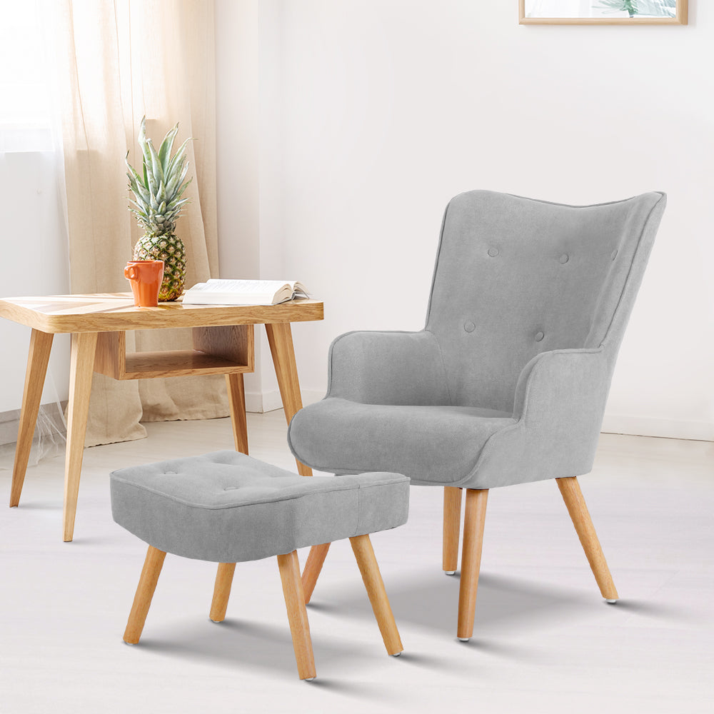 Light Grey Velvet Armchair with Ottoman, Scandinavian - Artiss