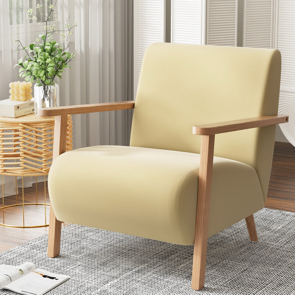 Yellow Velvet Scandinavian Armchair, Rubber Wood Frame - Artiss