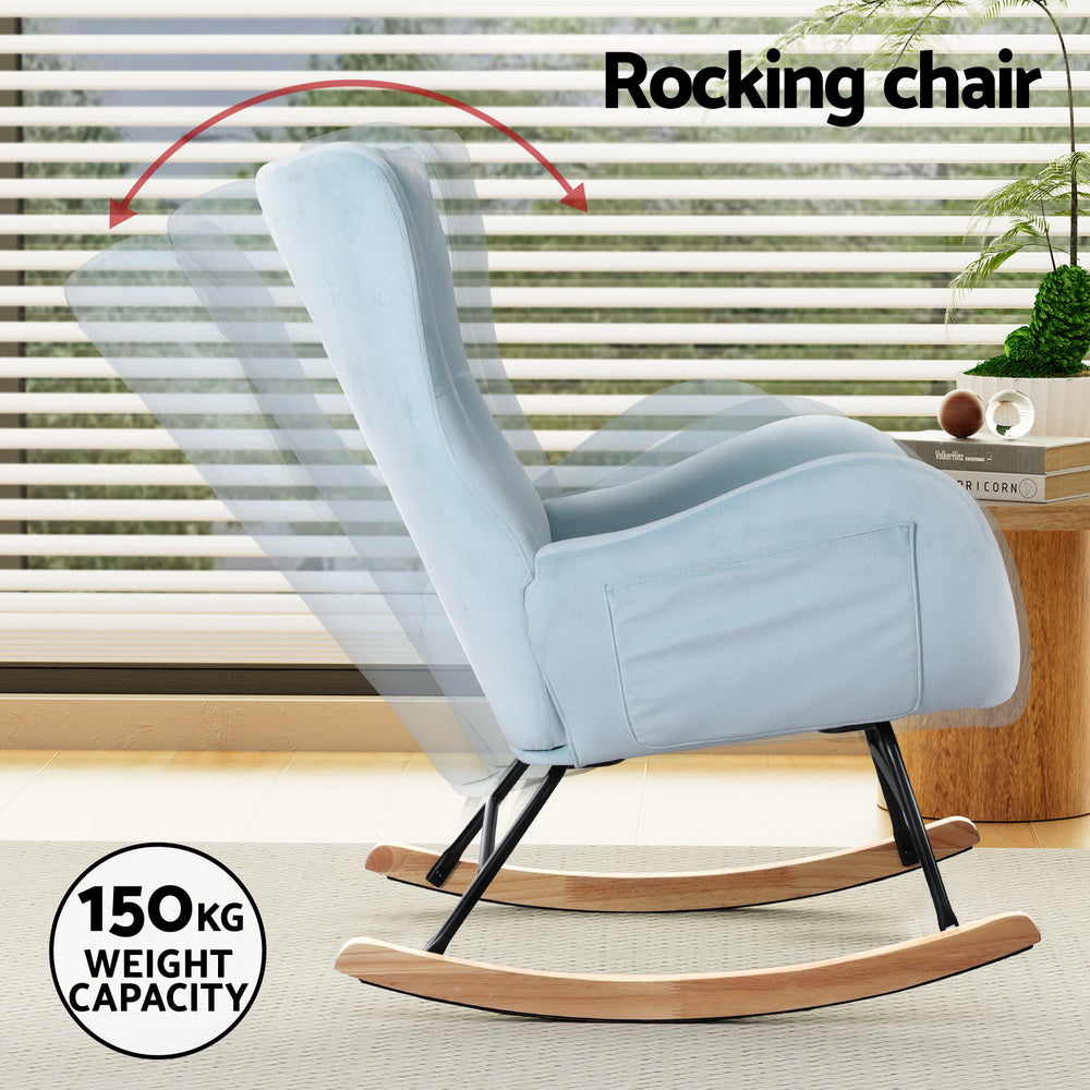 Blue Velvet Rocking Armchair with Headrest - Artiss