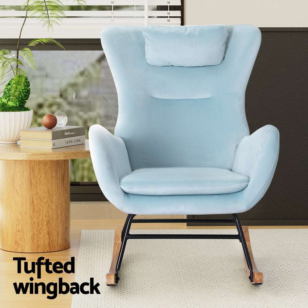 Blue Velvet Rocking Armchair with Headrest - Artiss