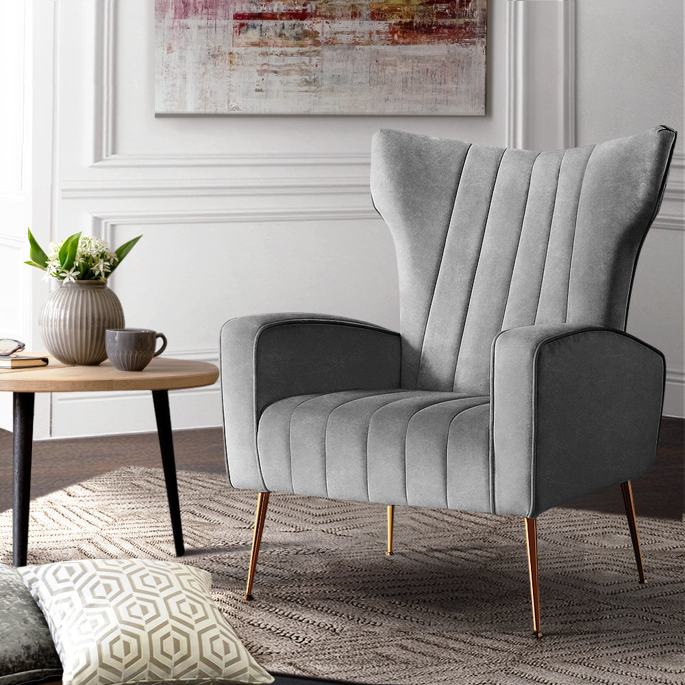 Grey Velvet Armchair, Extra Wide Back, Gold Legs, Artiss