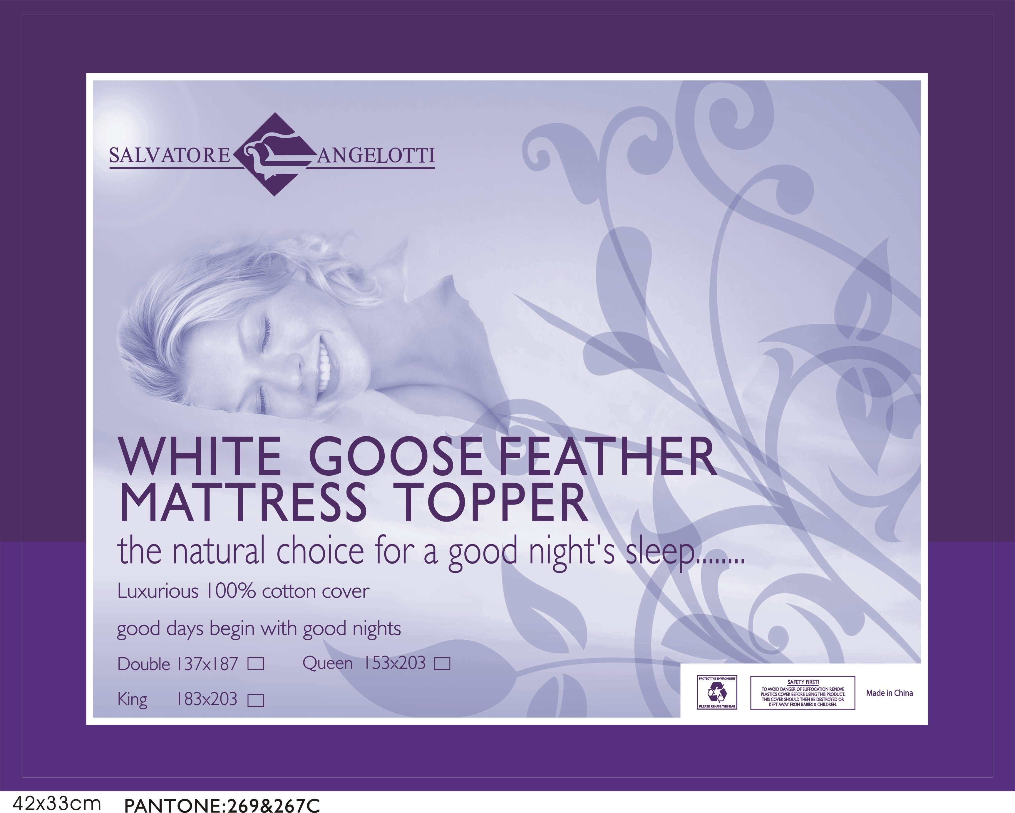 100% White Goose Feather Mattress Topper -Single