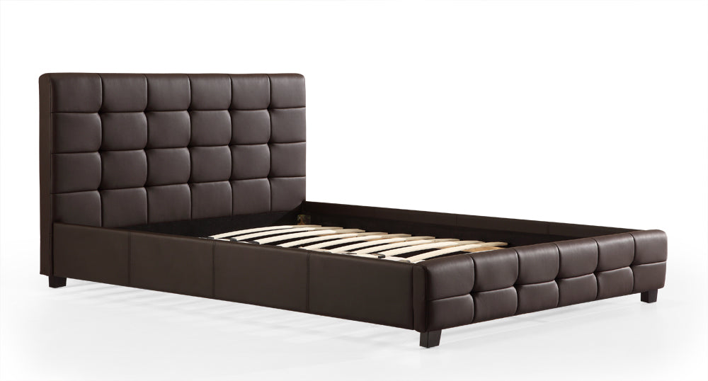 Sturdy Queen Brown PU Leather Bed Frame with Tufted Headboard