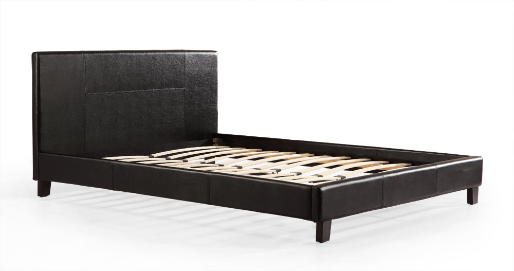 Black PU Leather Queen Bed Frame with Wood Slats