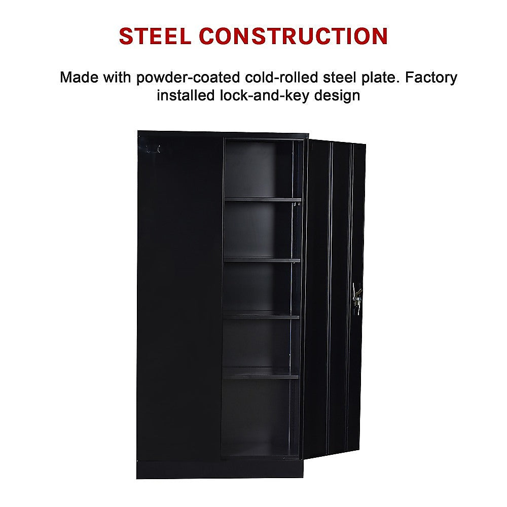 Lockable 2-Door Black Steel Storage Cabinet with 5 Shelves