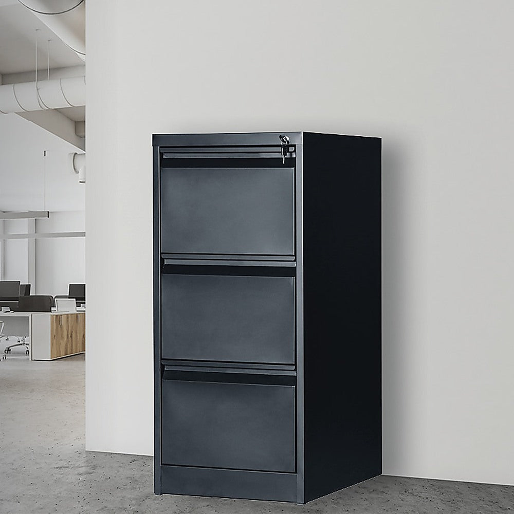 Black 3-Drawer Office Filing Cabinet, Steel, Lockable