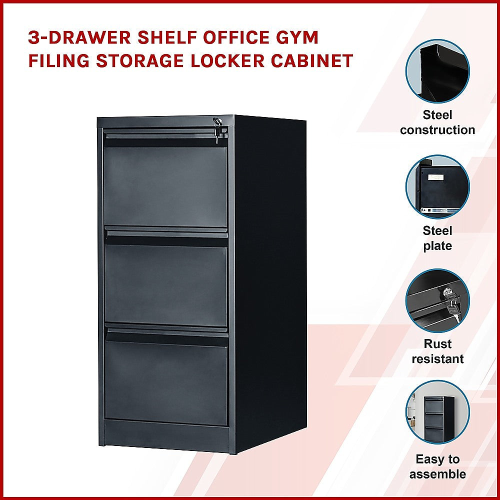 Black 3-Drawer Office Filing Cabinet, Steel, Lockable