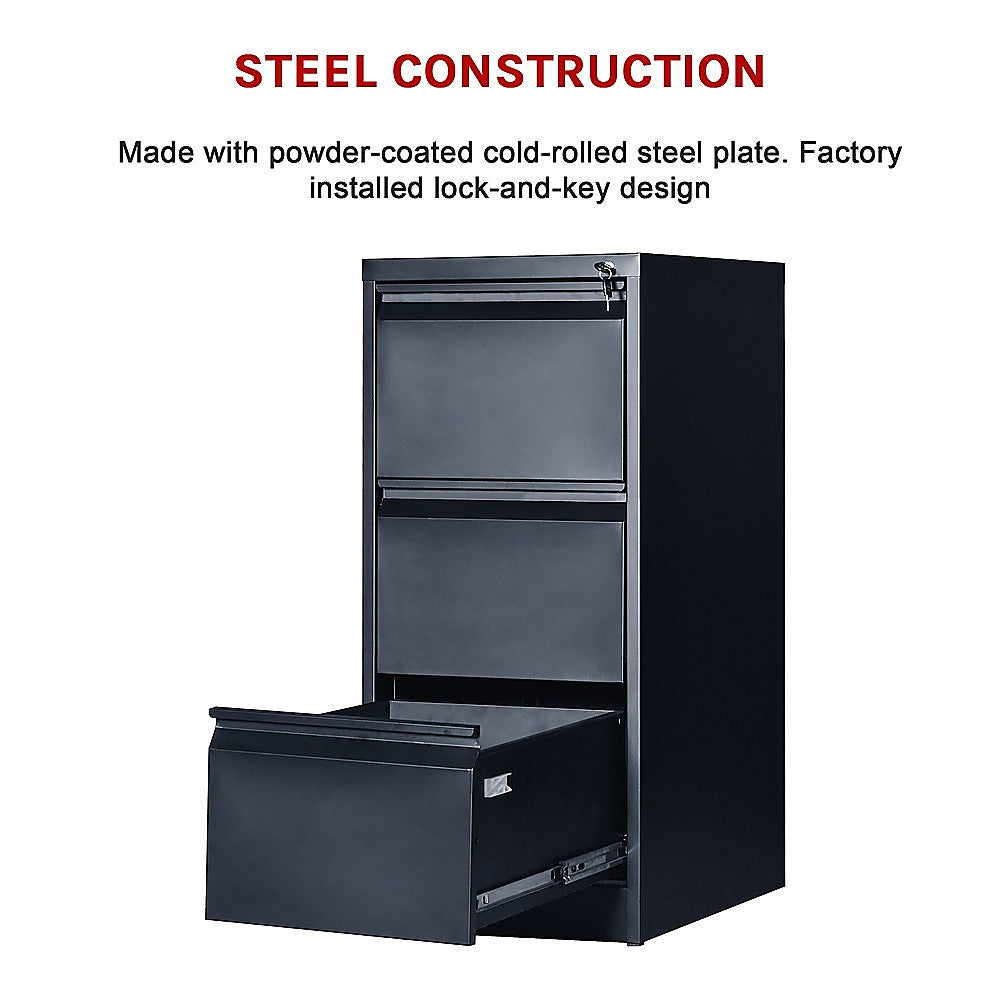 Black 3-Drawer Office Filing Cabinet, Steel, Lockable