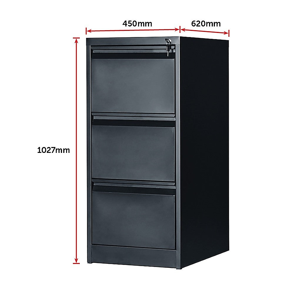 Black 3-Drawer Office Filing Cabinet, Steel, Lockable