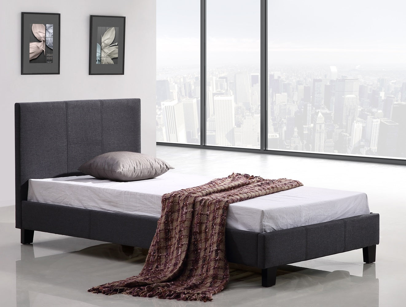 Grey Linen Fabric Single Bed Frame with Headboard