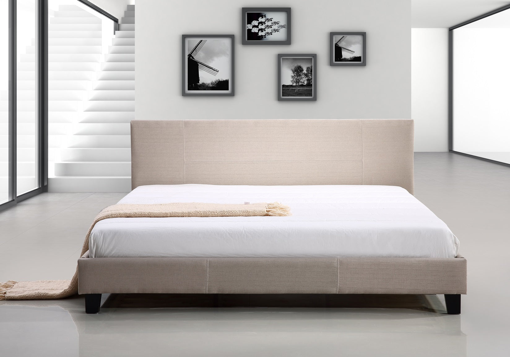 Beige King Bed Frame with Stitched Linen Fabric - Palermo