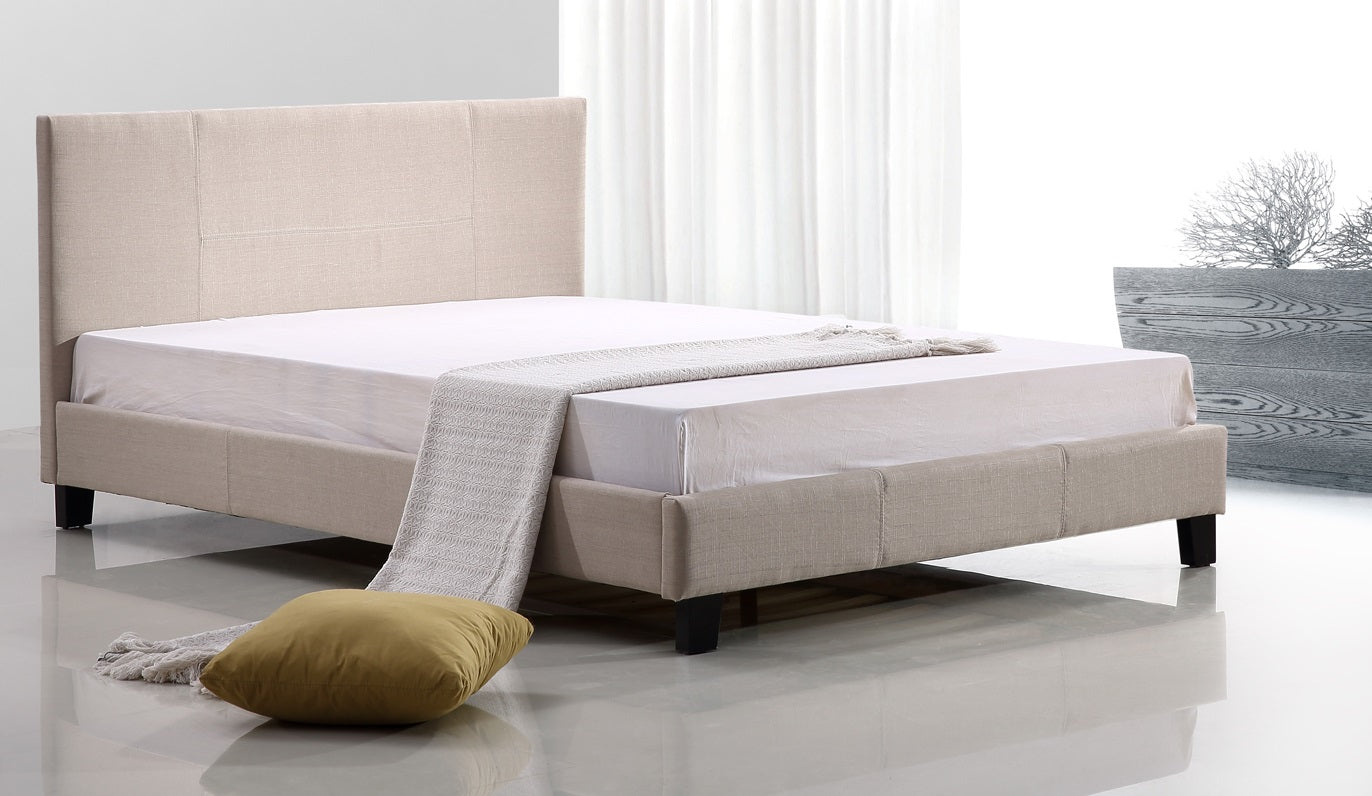 Beige Linen Double Bed Frame with Headboard, Palermo