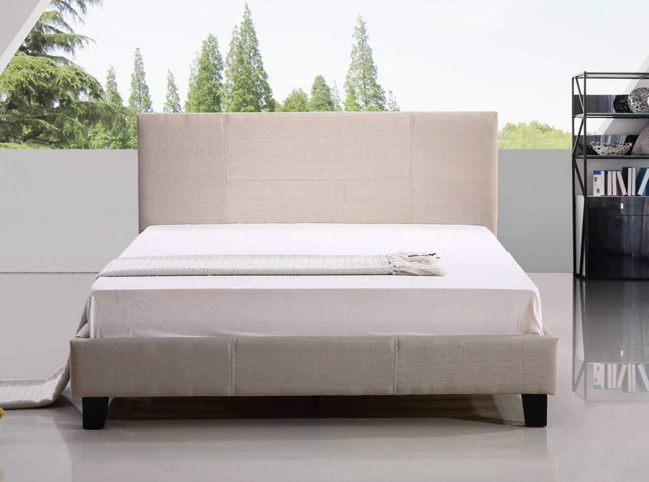 Beige Linen Double Bed Frame with Headboard, Palermo