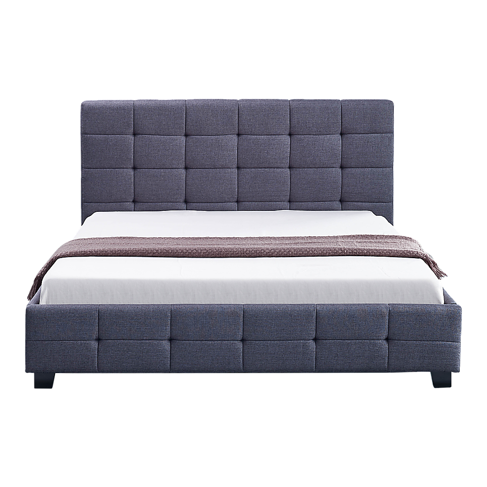 Sturdy Grey Linen Double Bed Frame w/ Tufted Headboard