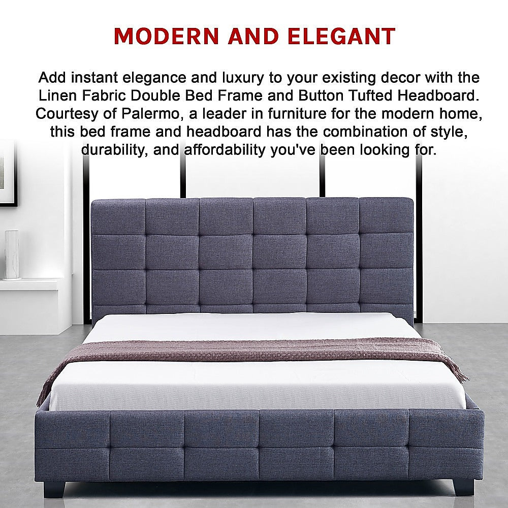 Sturdy Grey Linen Double Bed Frame w/ Tufted Headboard