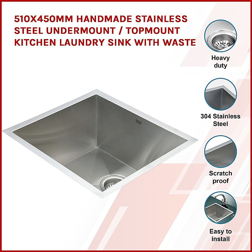 Handmade Heavy Duty 304 Stainless Steel 510x450mm Kitchen Sink