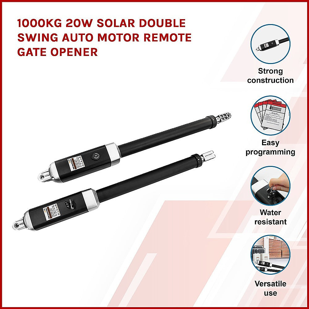 1000KG Solar Double Swing Gate Opener, Aluminium, Remotes