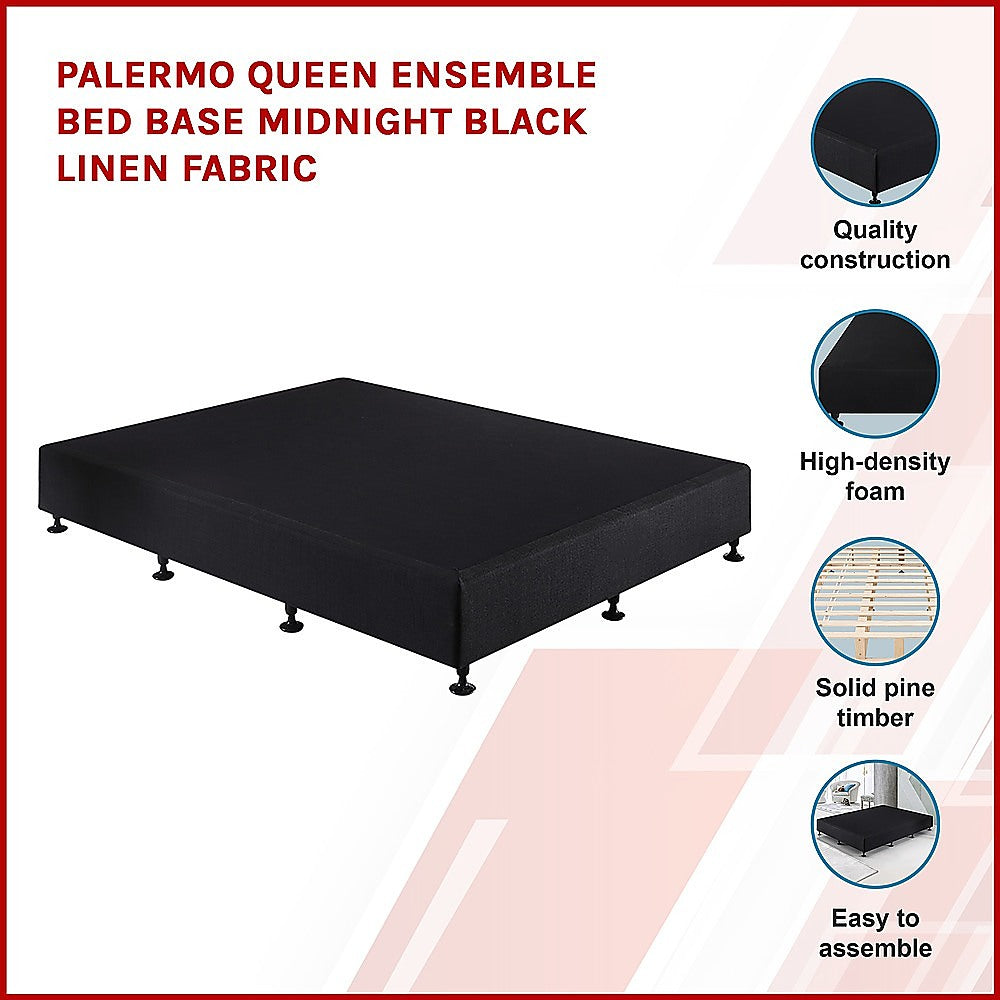 Solid Pine Upholstered Queen Bed Base, Black Linen - Palermo