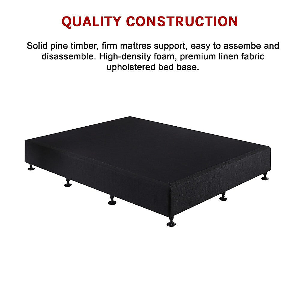 Solid Pine Upholstered Queen Bed Base, Black Linen - Palermo