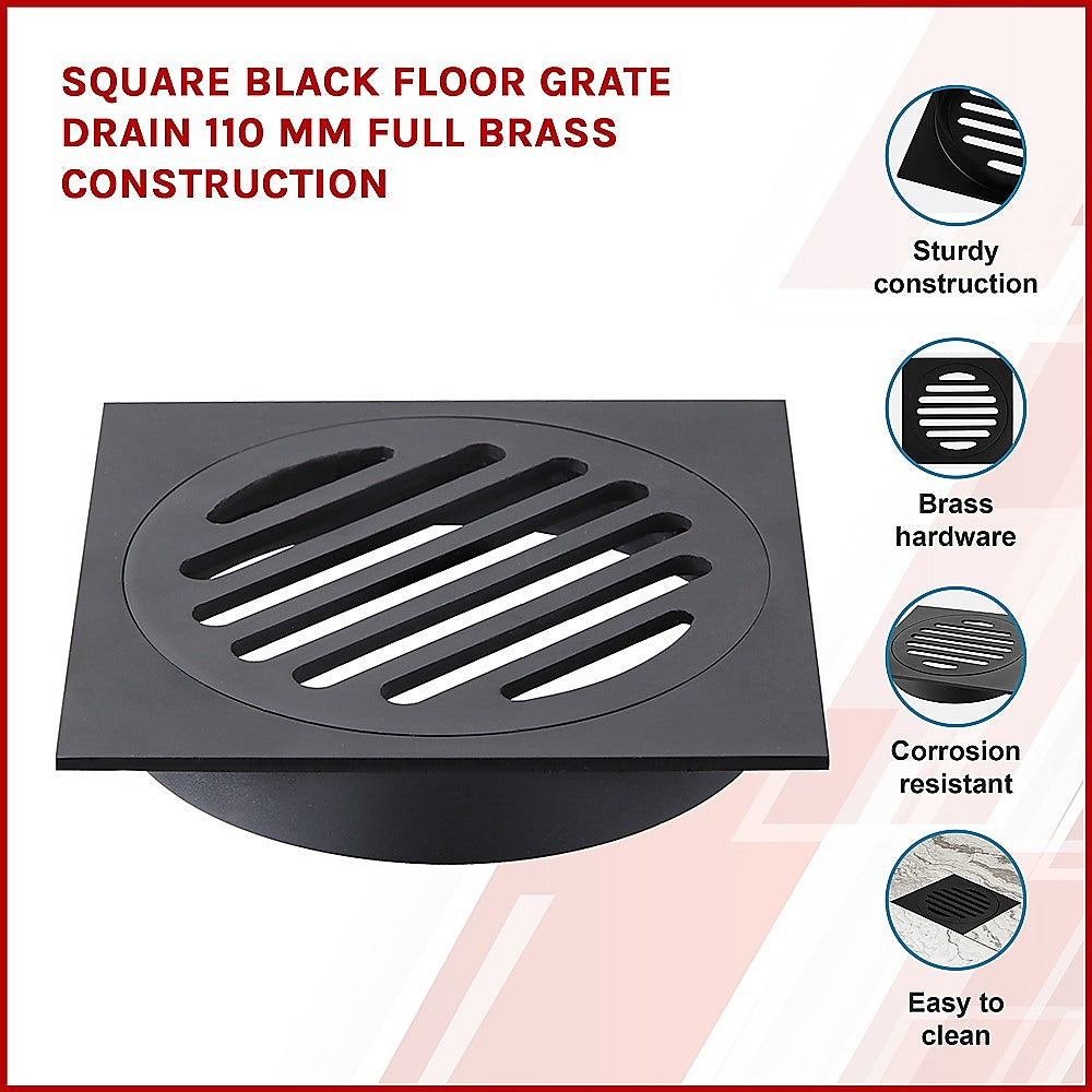 Black Brass Floor Grate Drain, 110mm x 110mm, Sturdy Design