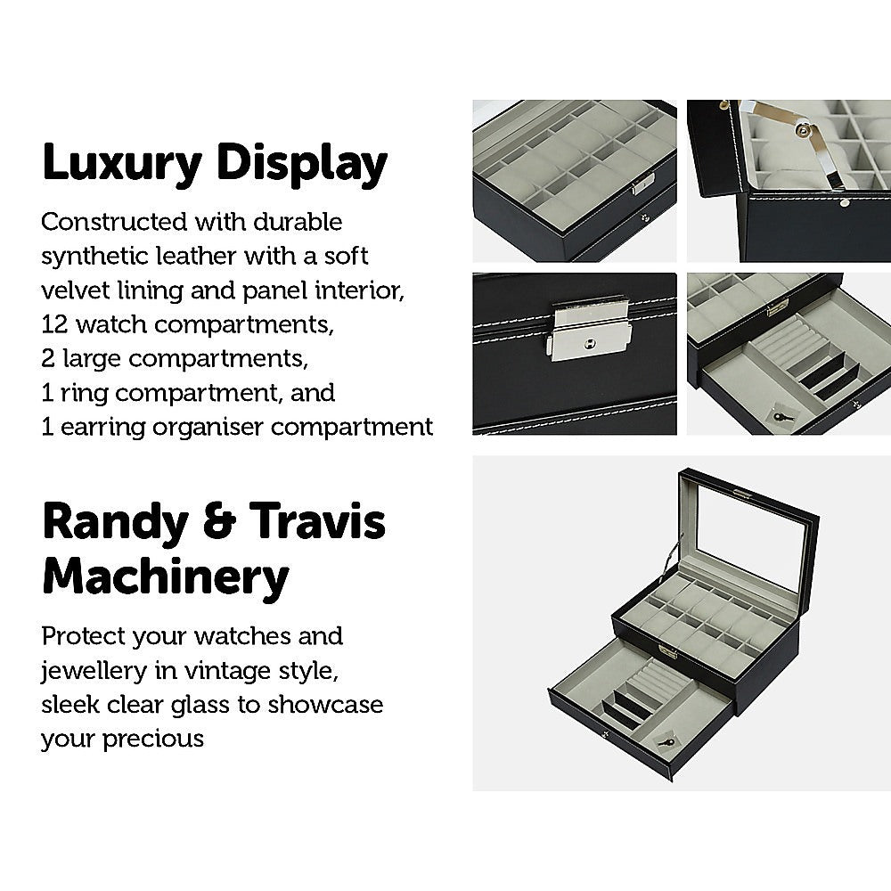 12-Grid Watch Display Case with Velvet Lining & Lock