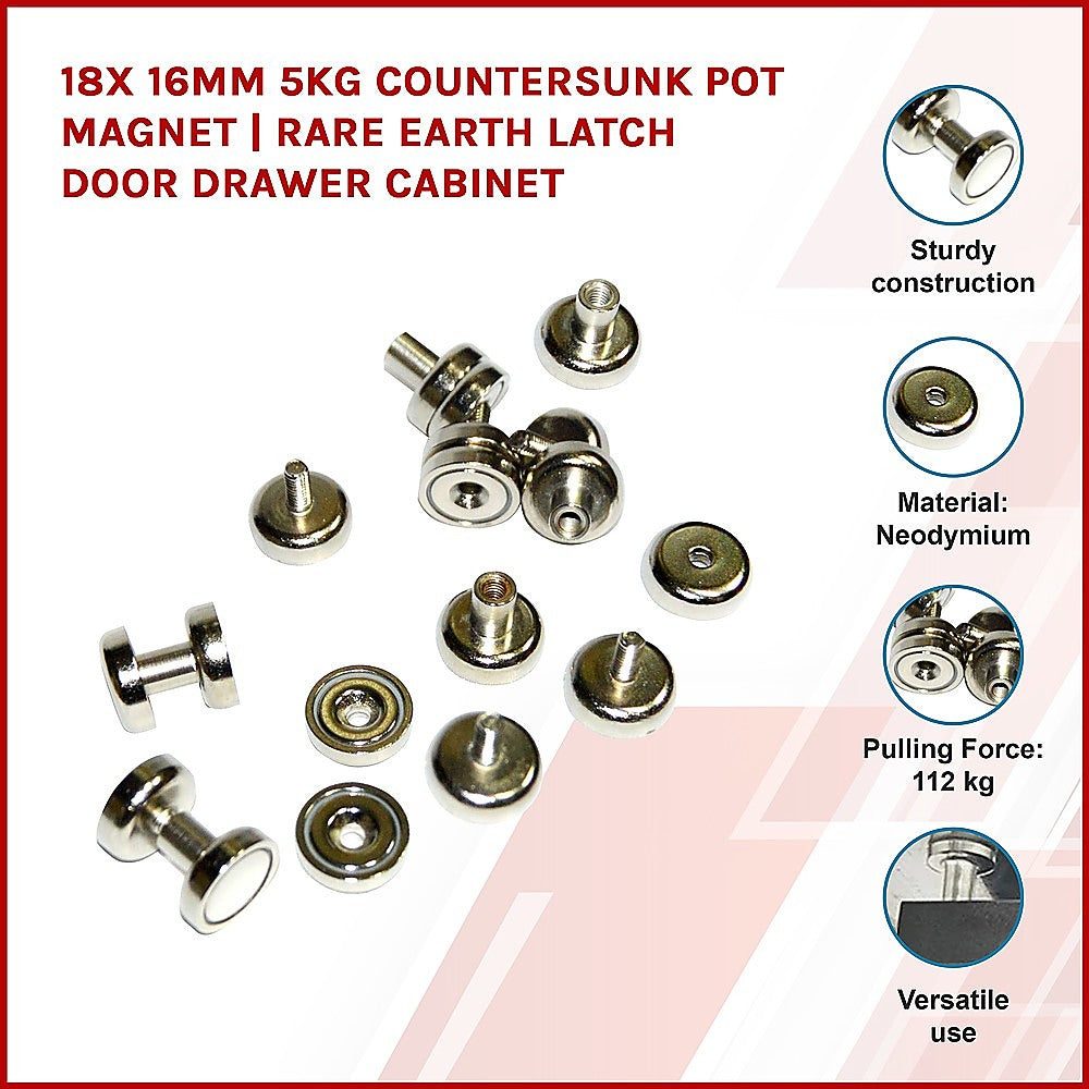 18x 16mm Neodymium Countersunk Pot Magnets 112kg Pulling