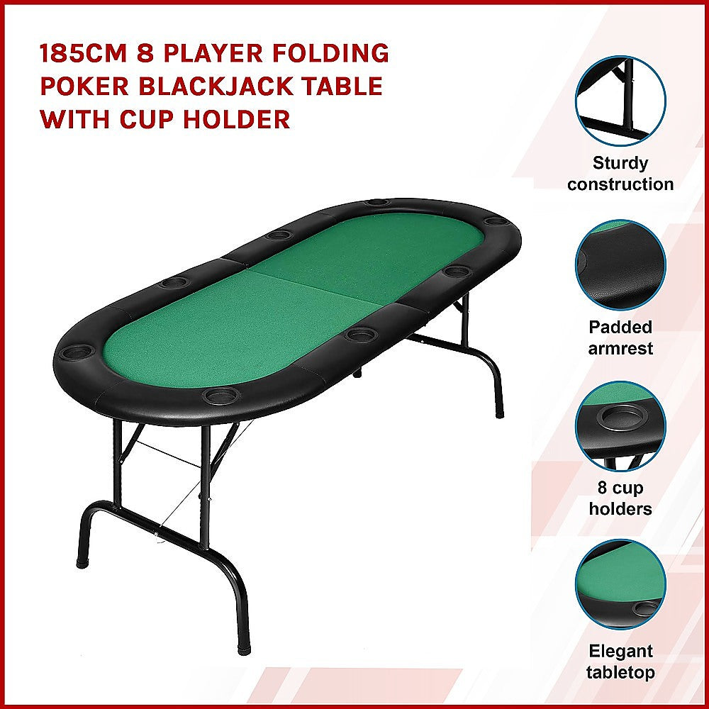 8 Player Folding Poker Blackjack Table, Cup Holders, Padded Rim