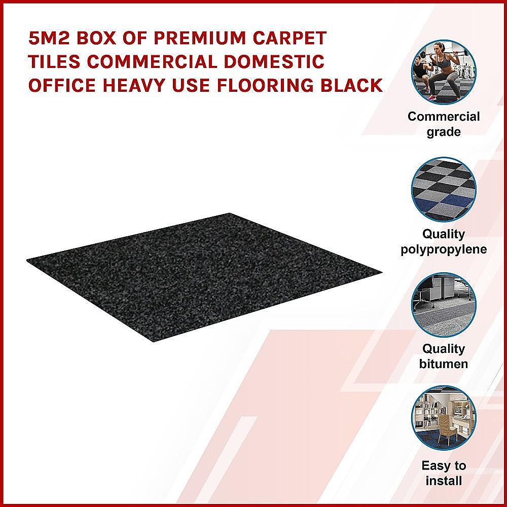 5m2 Box of Premium Carpet Tiles Commercial Domestic Office Heavy Use Flooring Black