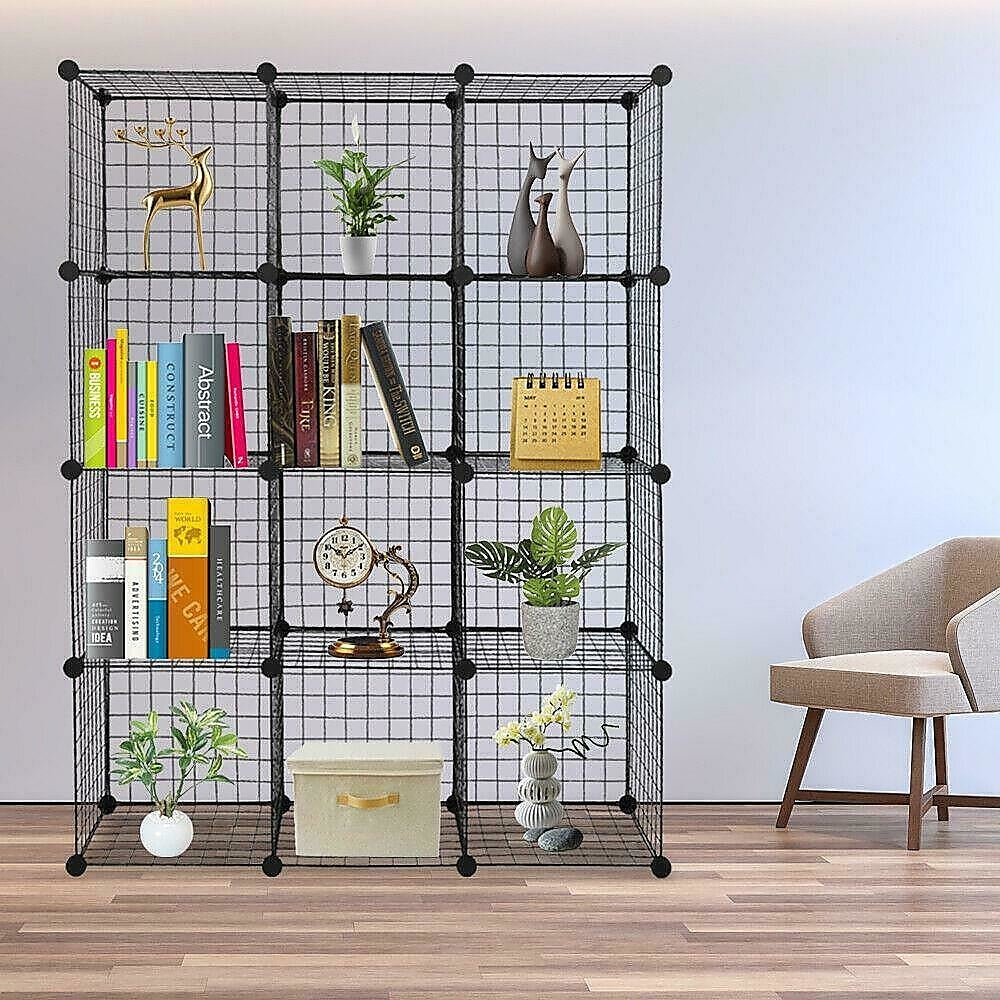 Flexible Black 12 Cube Wire Grid Storage Organizer Bookcase