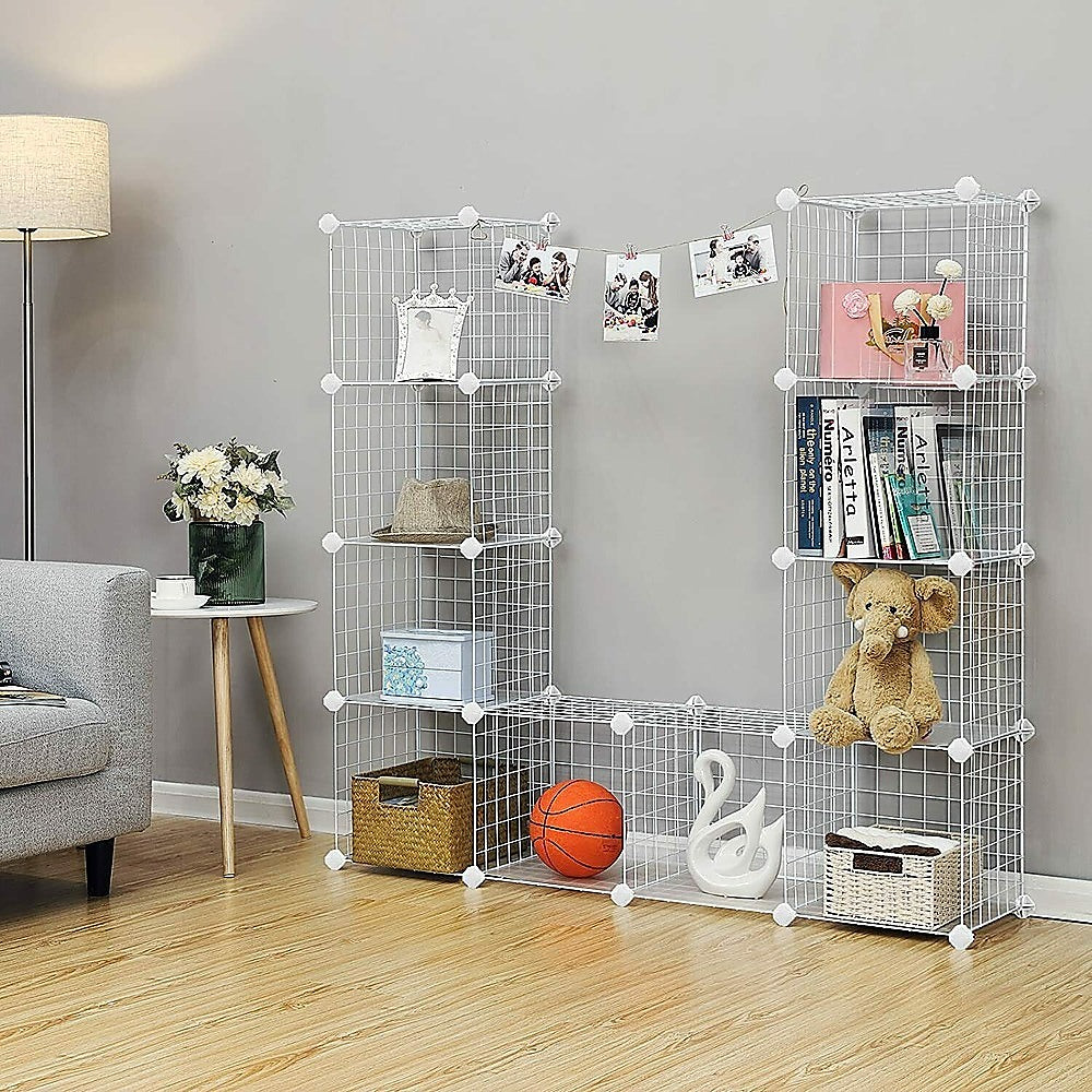 White 12-Cube Wire Grid Storage Cabinet Bookcase - Easy Assembly