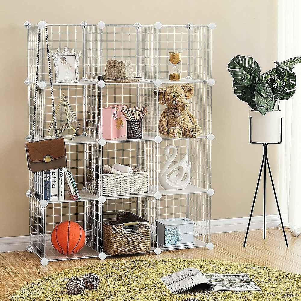 White 12-Cube Wire Grid Storage Cabinet Bookcase - Easy Assembly