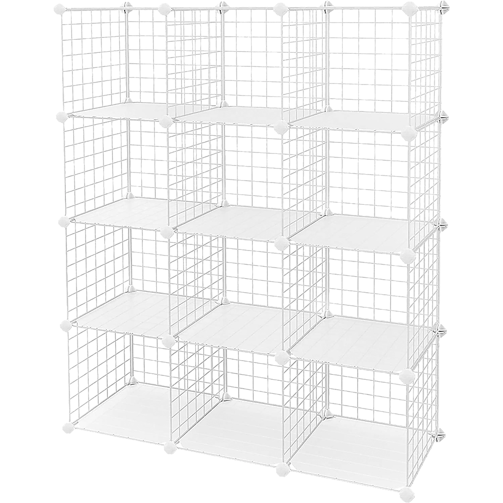 White 12-Cube Wire Grid Storage Cabinet Bookcase - Easy Assembly