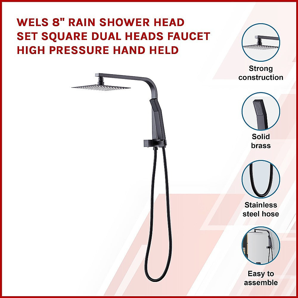 WELS 8" Rain Shower Head Set Square Dual Heads Faucet High Pressure Hand Held