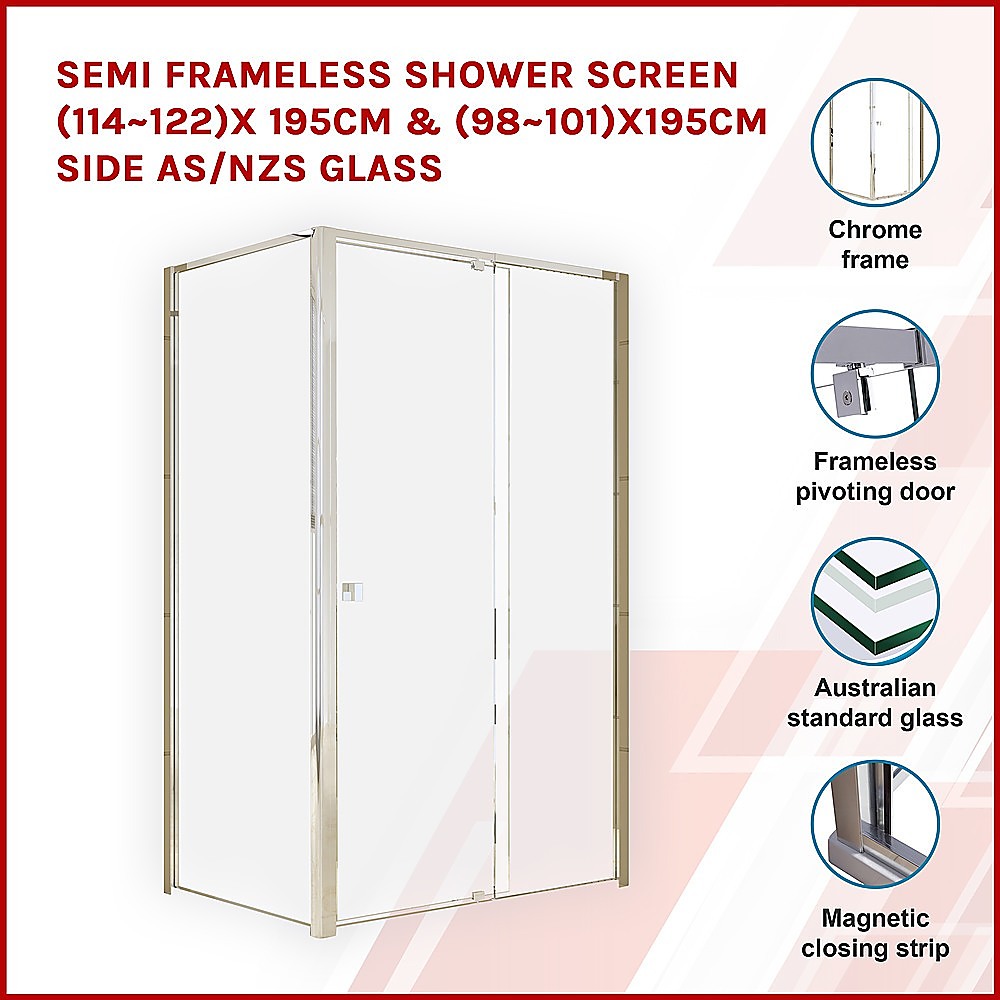 Adjustable Semi-Frameless Shower Screen, Toughened Safety Glass - 196cm Height