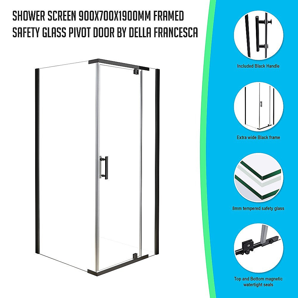 900x700x1900mm Pivot Shower Screen, Black Frame, Glass