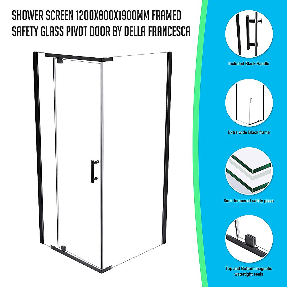 Frameless Pivot Door Shower Screen, 8mm Safety Glass, 1200x800mm