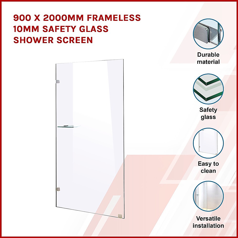 900 x 2000mm Frameless 10mm Safety Glass Shower Screen