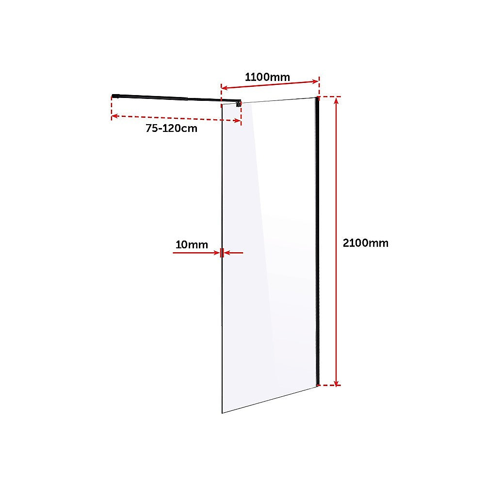 10mm Safety Glass Shower Screen 110x210cm Black-Finish