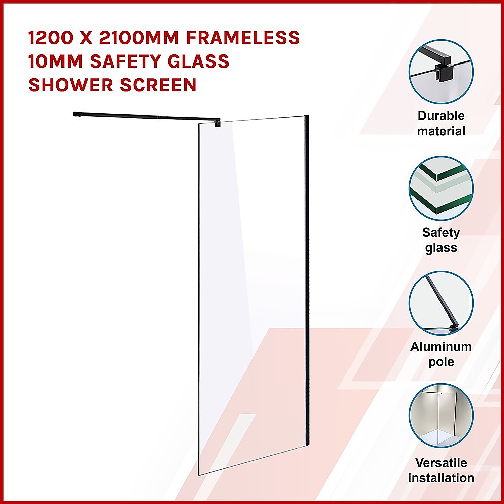 Frameless Safety Glass Shower Screen 120x210cm Black