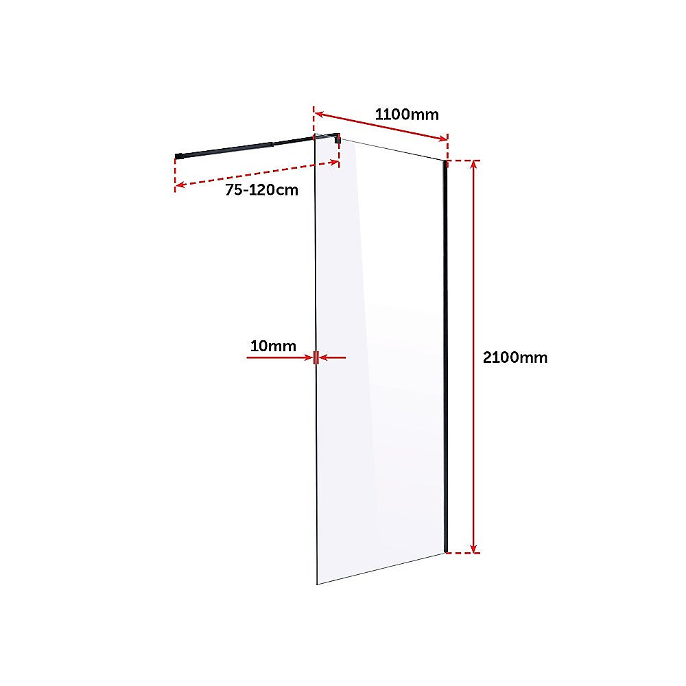 10mm Toughened Safety Glass Shower Screen, 110x210cm Black