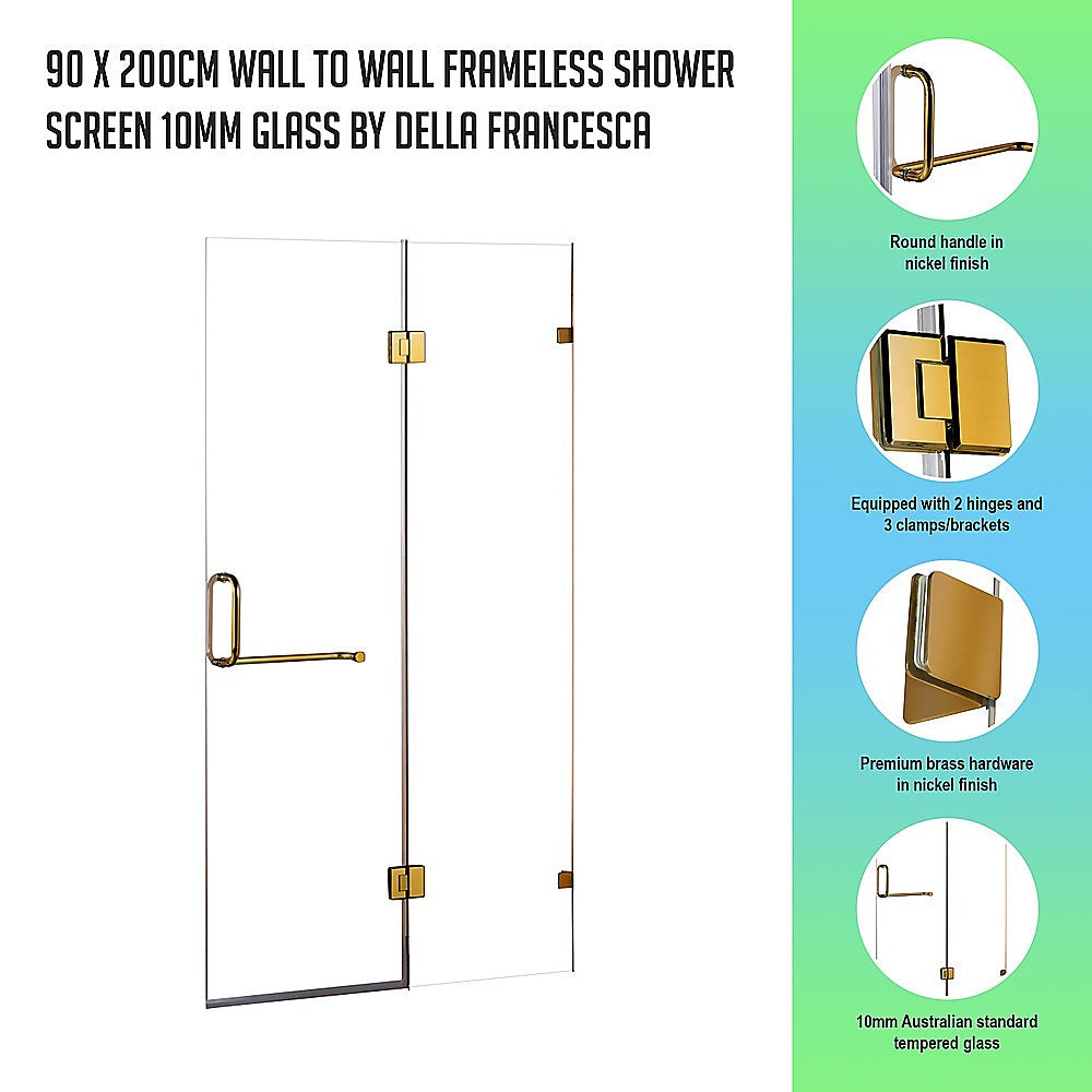 90x200cm Frameless Shower Screen 10mm Glass Gold Hardware