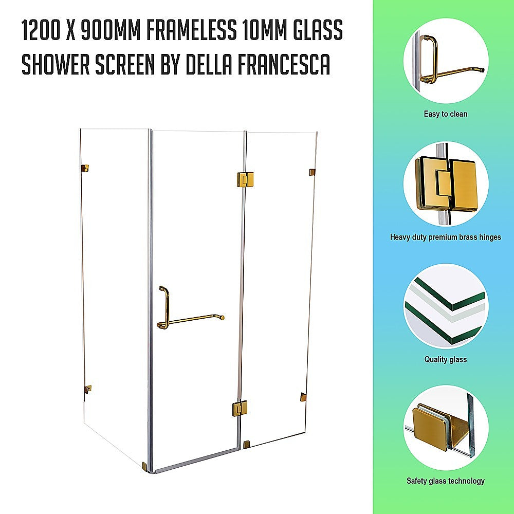 Frameless 10mm Glass Shower Screen, Gold Hardware, 120x90cm