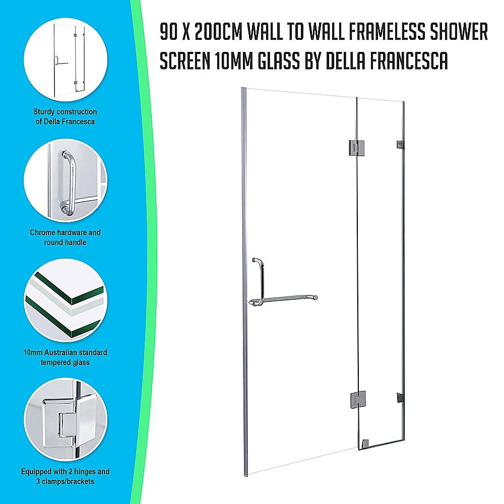 Frameless Shower Screen 10mm Tempered Glass with Chrome Hardware 90x200cm