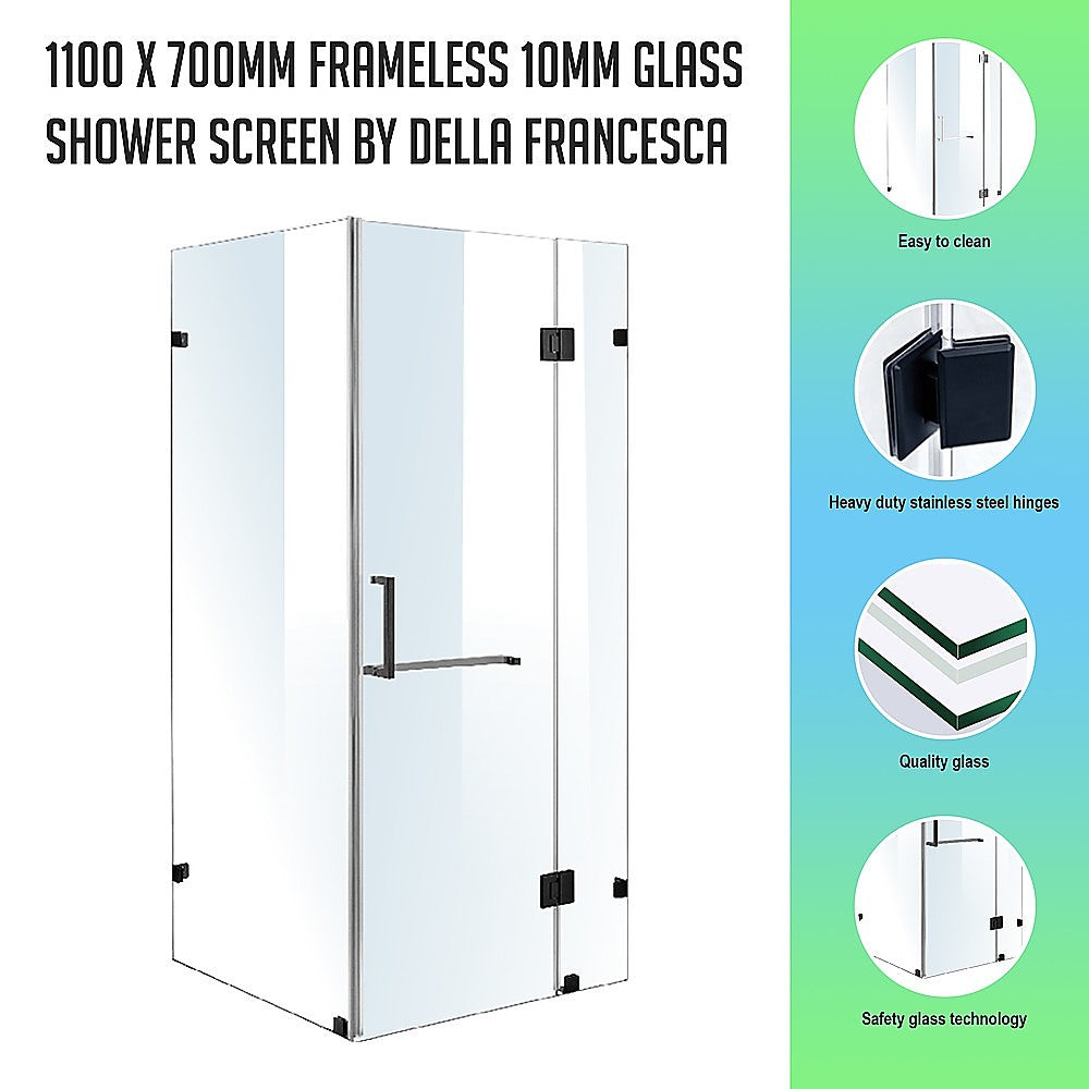 10mm Safety Glass Frameless Shower Screen, Black, 1100x700mm