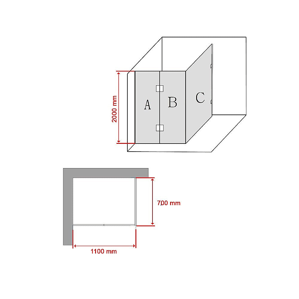 10mm Safety Glass Frameless Shower Screen, Black, 1100x700mm